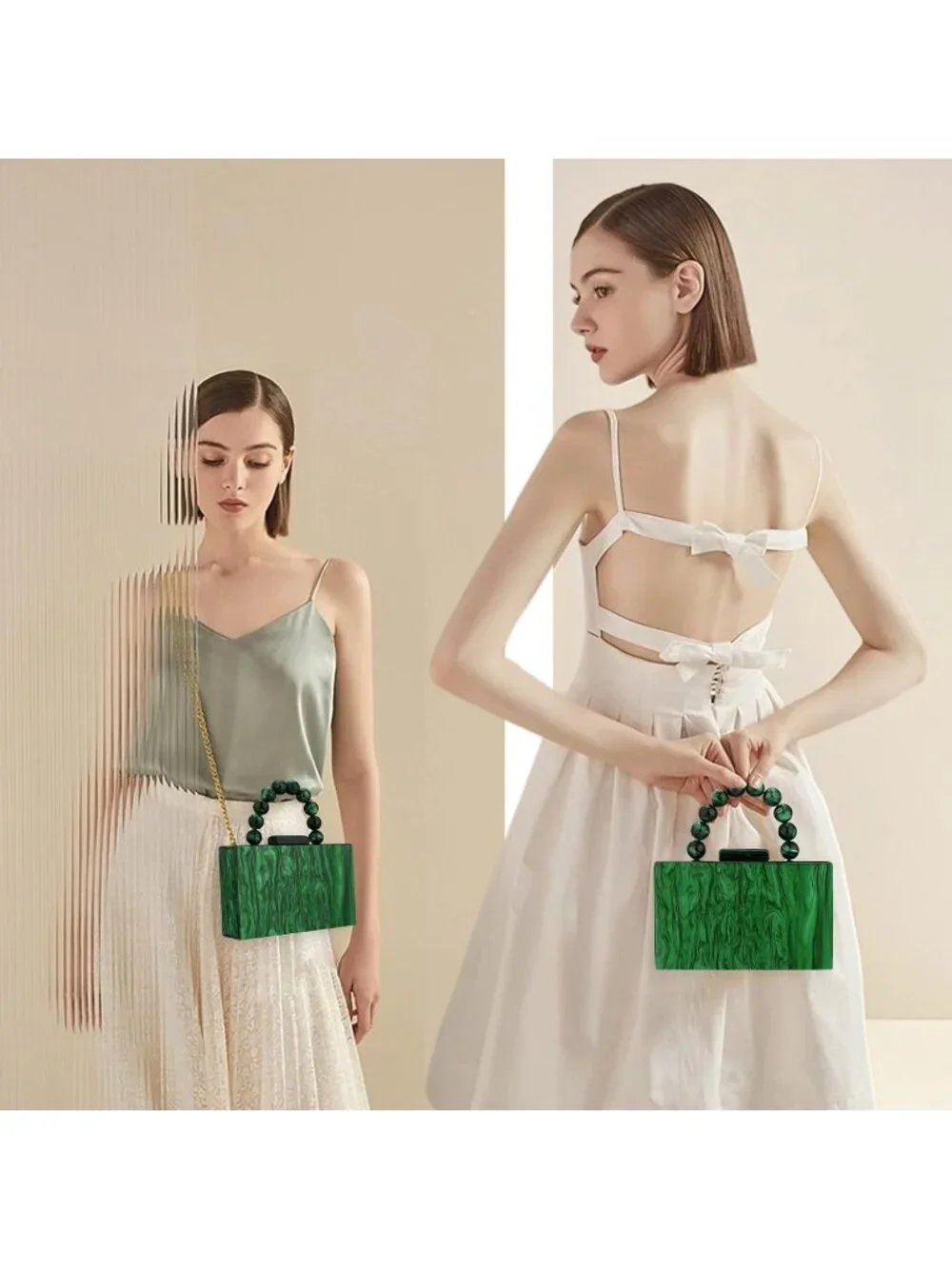 👜Women's Green Crossbody Bag with Pearl Chain Formal Purses with Pearl Chain